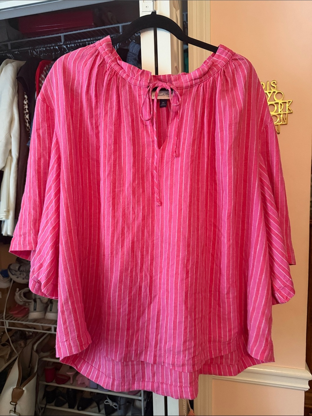 Universal Thread Hot Pink Striped Peasant Top with Tie Neck